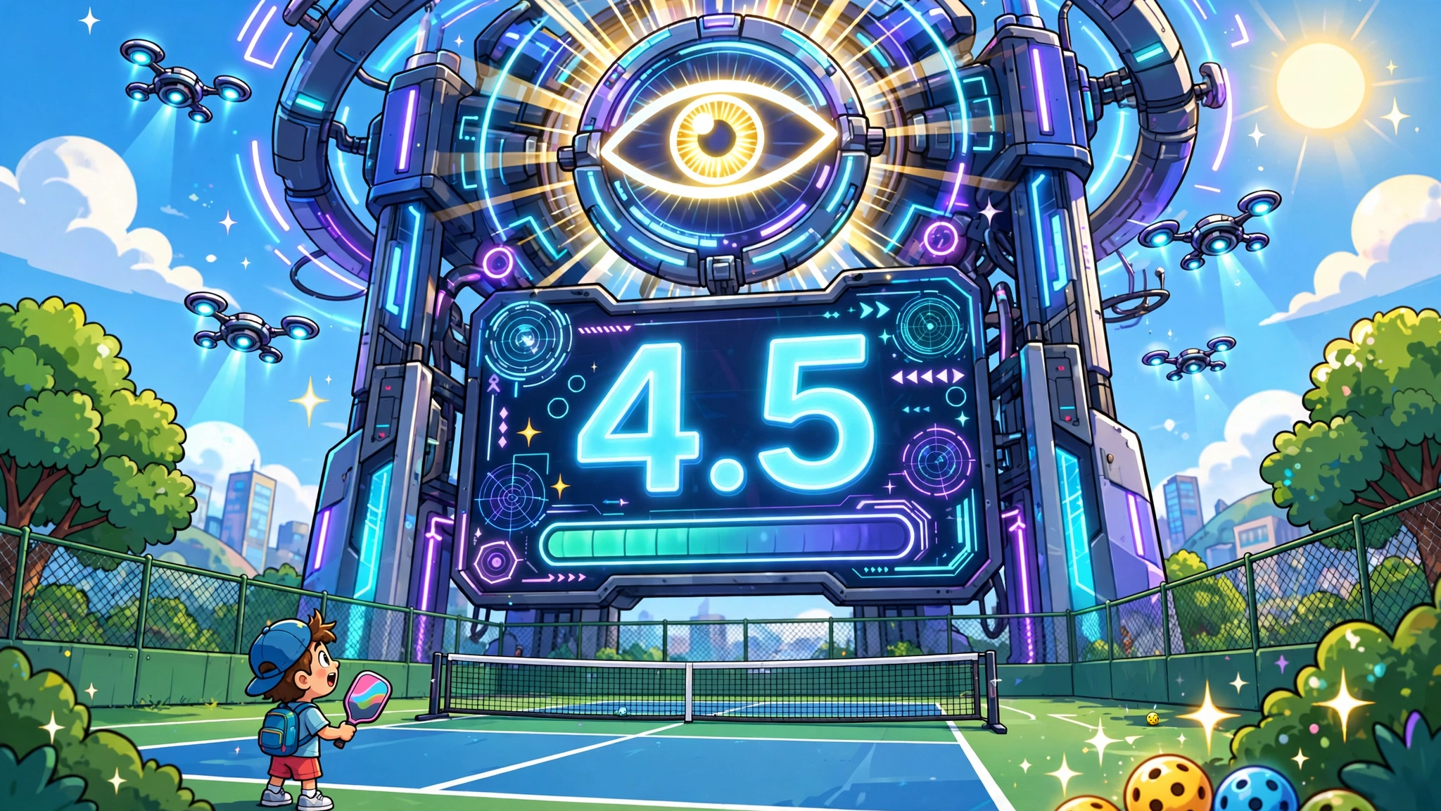 A giant phone screen floats above a pickleball court like an operating system