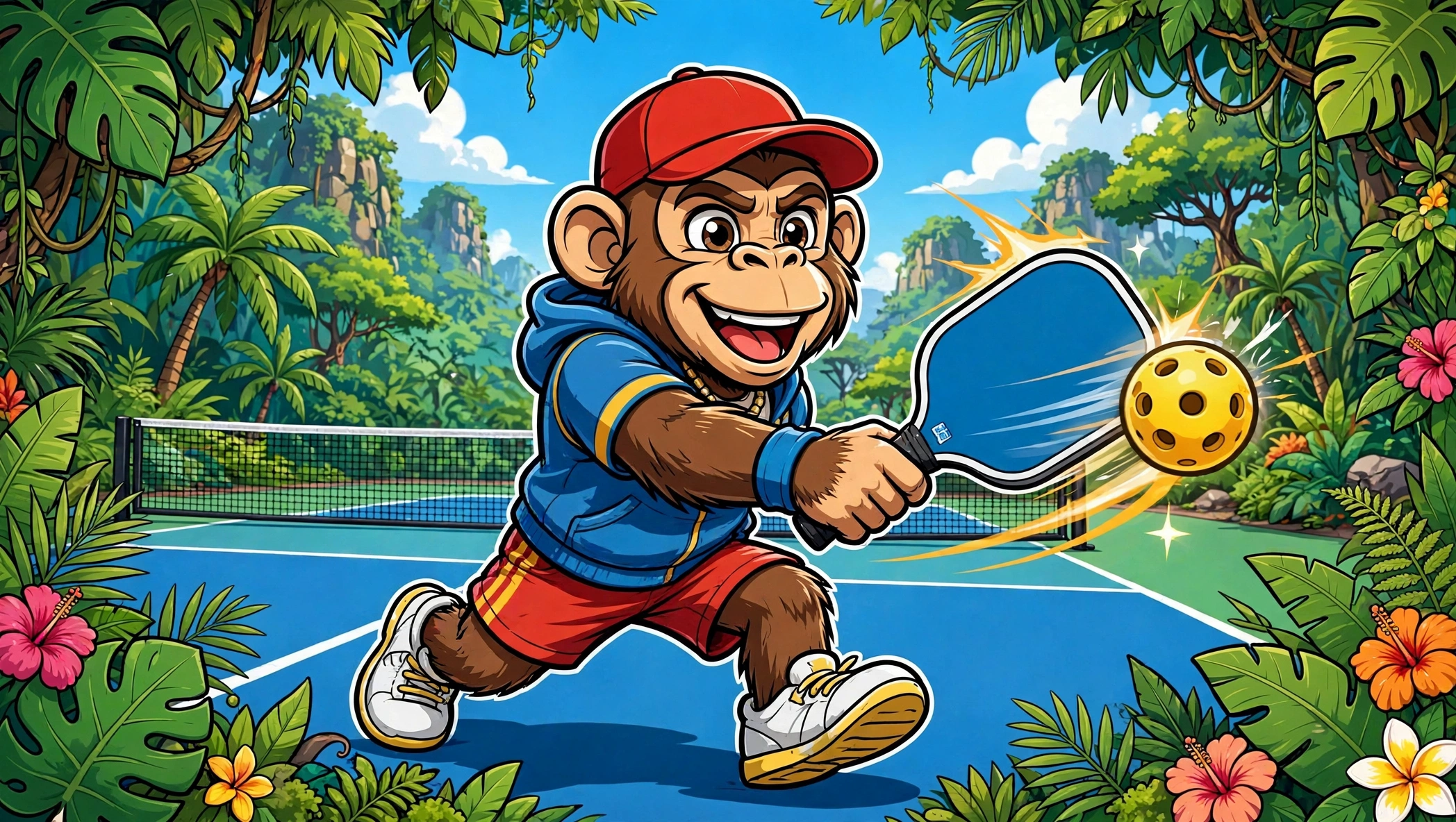 A playful ape mascot plays pickleball with a modern paddle