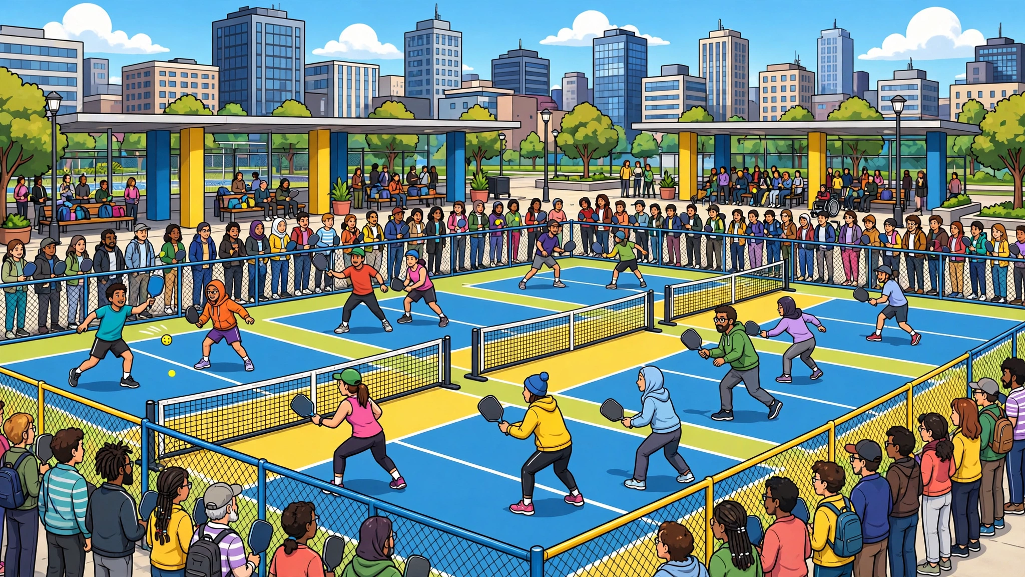 A huge crowd of players waits in line for a single pickleball court